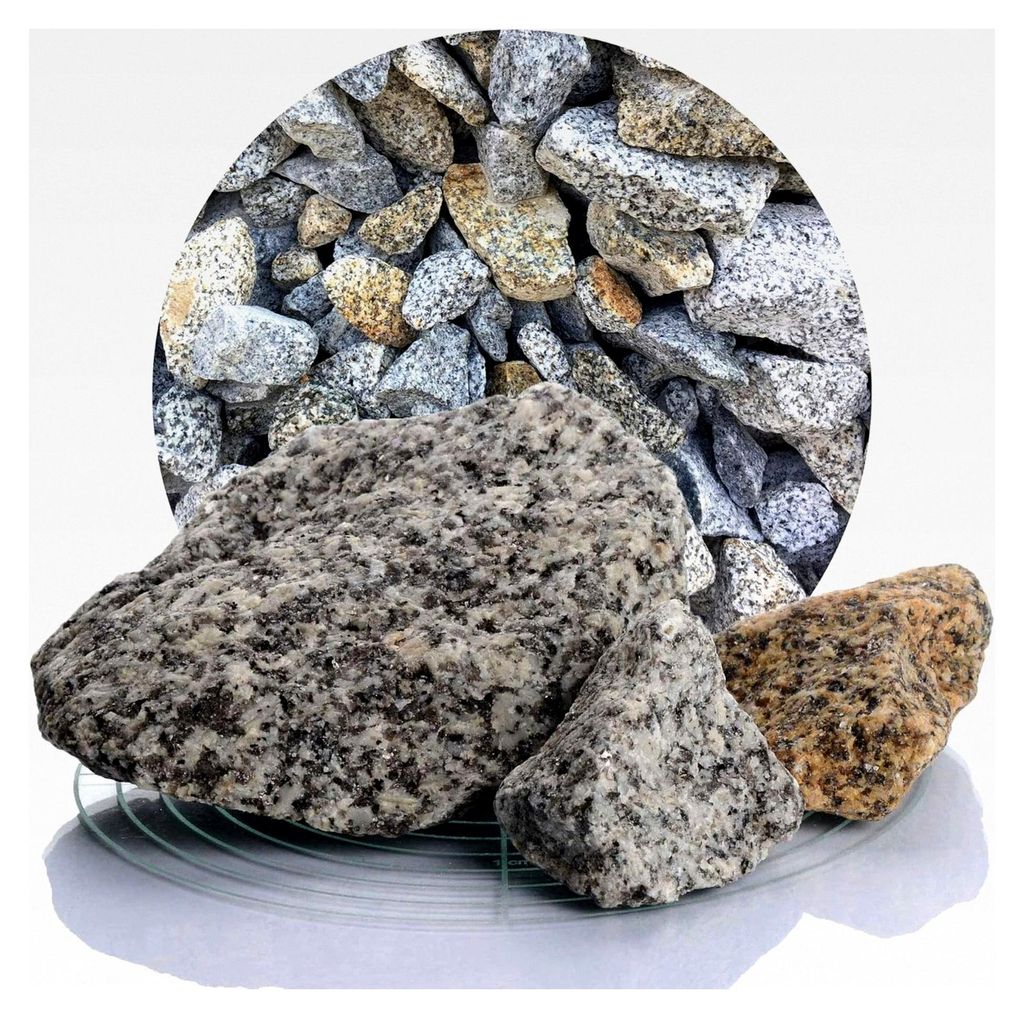 Granit Gabionensteine gelb-grau 60-120 mm 25 kg, farbechte Bruchsteine für Gabionen und Steinkörbe, robust und witterungsbeständig