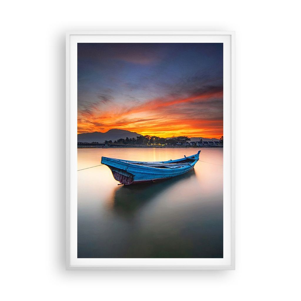 Gerahmtes Poster - Weißer Rahmen - Westen Sonne Boot - 70x100 cm - Wand Bild - Wanddeko - Wandbilder - Kunstposter - Wandposter - Bilderrahmen - B...