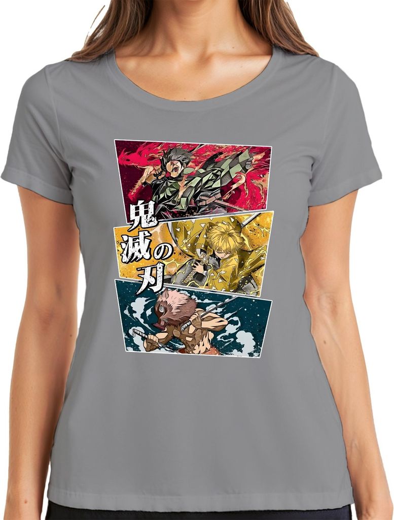 鬼滅の刃 Kimetsu no Yaiba Tanjiro Zenitsu Inosuke Anime Geschenk Damen T-Shirt, Grau, 3XL