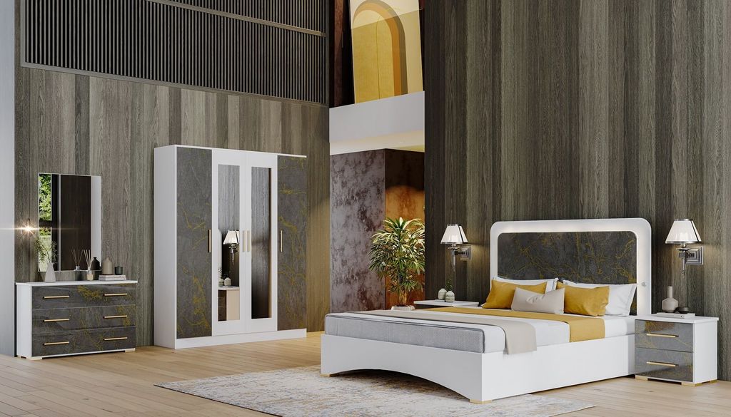 Schlafzimmer-Set Dalia 6-Teilig in Grau/Gold 4-Türig