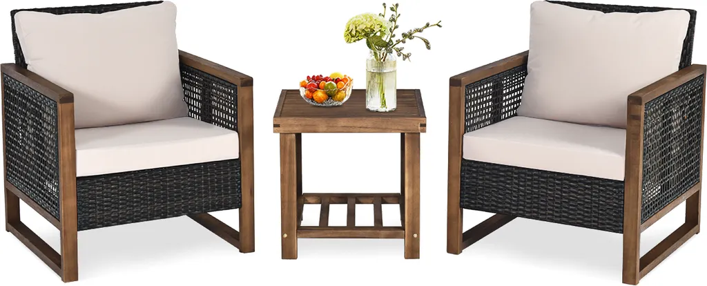 Salon de balcon en bois et poly rotin ensemble de 3 pièces Outdoor