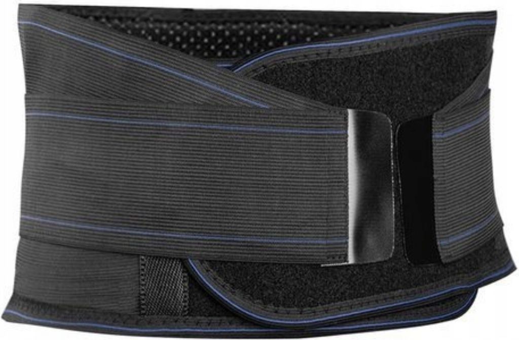 A black lumbar support belt with blue stripes.
