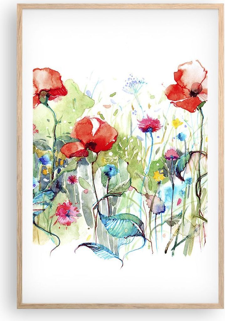 Gerahmtes Poster - Rahmen in heller Eiche - Blumen Wiese Produktbild 