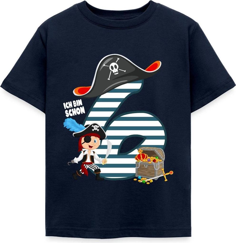 Spreadshirt 6. Geburtstag Ich Bin Schon Sechs Pirat Schatz Kinder T-Shirt, 98/104 (3-4 Jahre), Navy