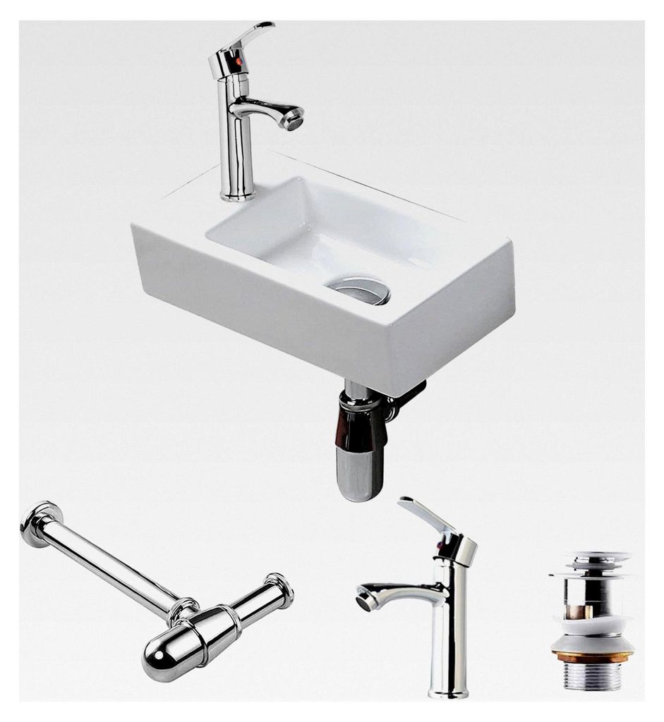 Rechteckiges, wandmontiertes Waschbecken mit Ablaufgarnitur aus Hochtemperatur-Keramik, glänzend weiß, für Badezimmer und Toiletten (links)