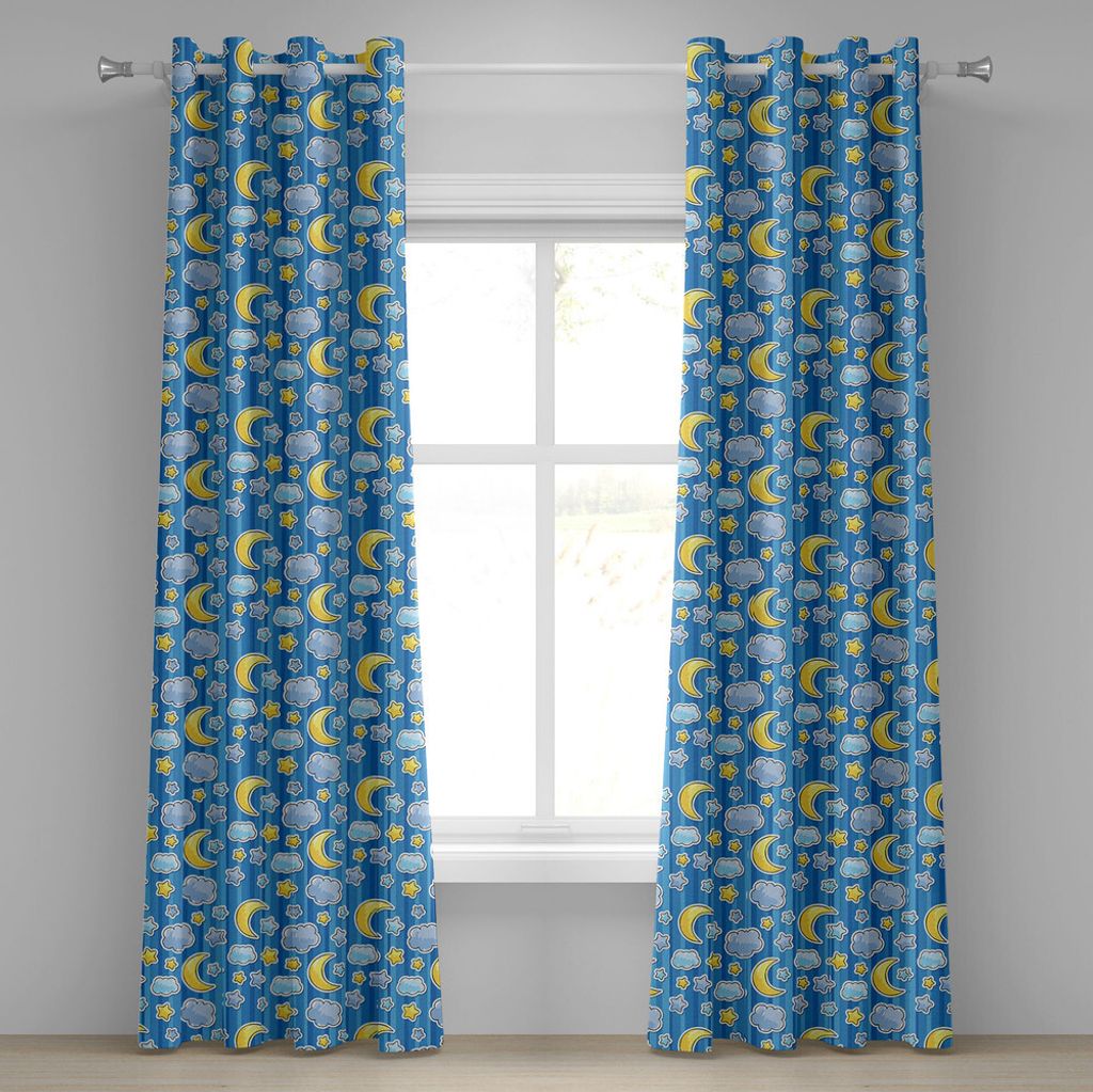ABAKUHAUS Baby Ösenvorhang, Abstrakte Skyline mit Stern-Wolken und Crescent Moon vertikalem gestreiftem Hintergrund-Gekritzel, Dekorative 2-Panel-...