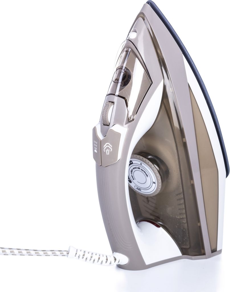 A product shot of a steam iron on a white background.