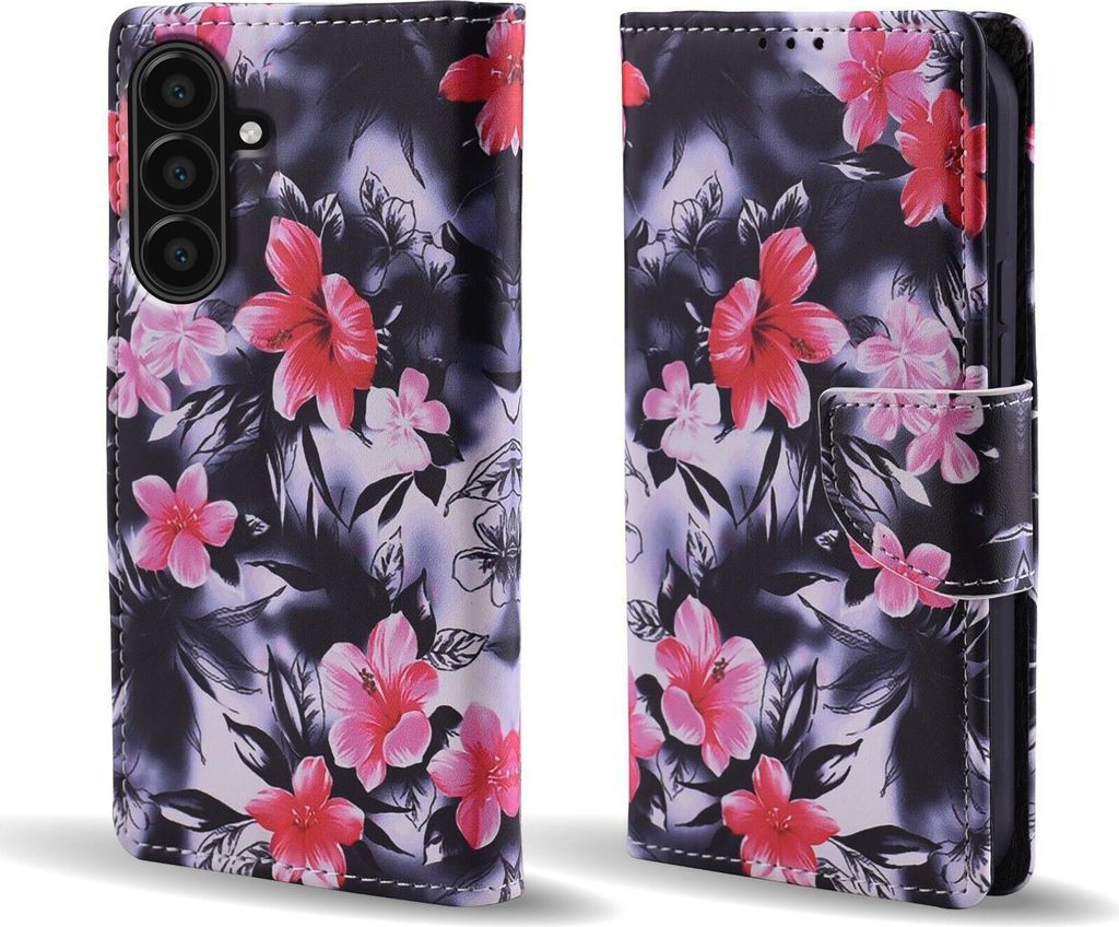 Handy Hülle für Samsung Galaxy A17 / A17 5G Klapphülle Bookcase Flip Cover Handy Tasche Etui Motiv: Blumen Hibiskus Blüten