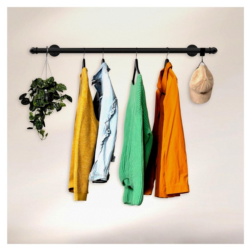 Kleiderstange für Garderobe im industriellen Stil Schwarz für Wand | Breite 50 cm x Tiefe 30 cm | Wandmontage | Garderobenstange | Ankleidezimmer...