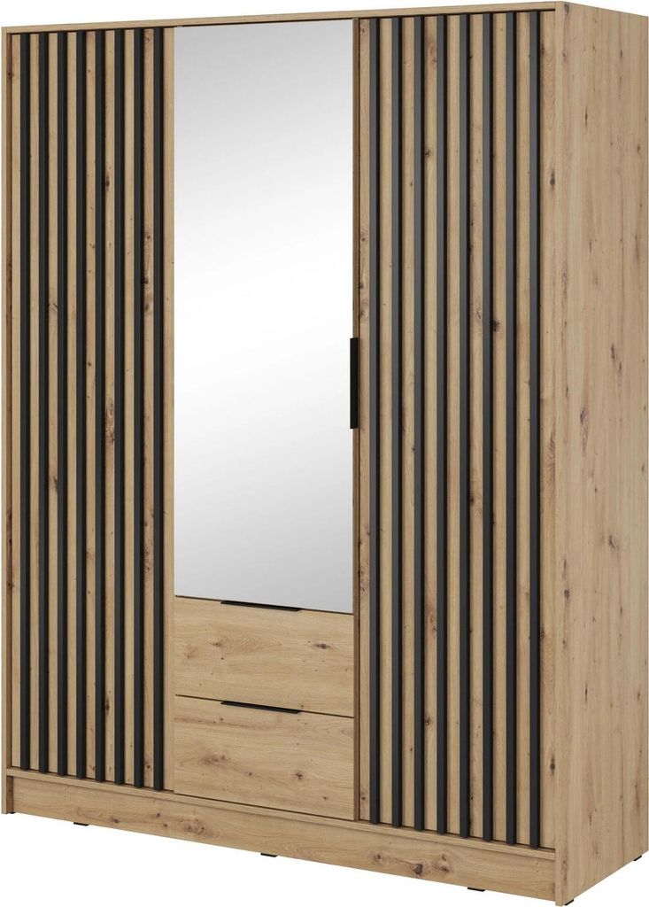 Kleiderschrank Stilo Eiche Artisan mit Spiegel & Lamellen – 155 cm, 3 Türen, 2 Schubladen, Modern