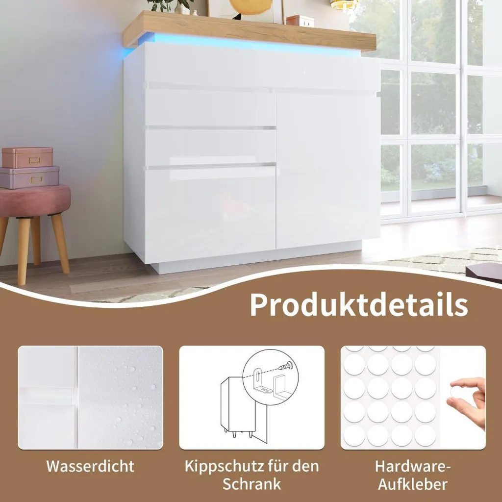 Sideboard design blanc laqué avec LED connectées - Meuble de rangement chic - 11