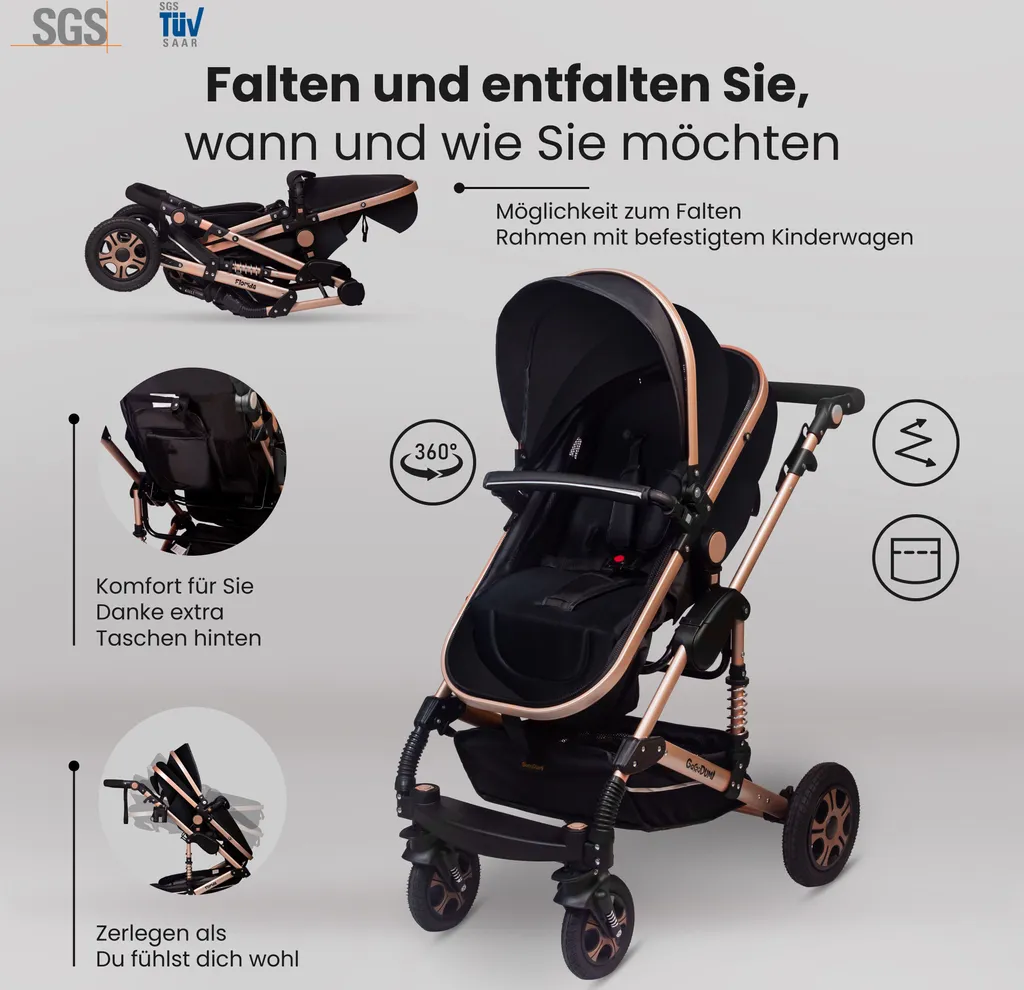 GaGaDumi Florida Poussette 3 en 1 avec Siège Auto et Roues en Gomme