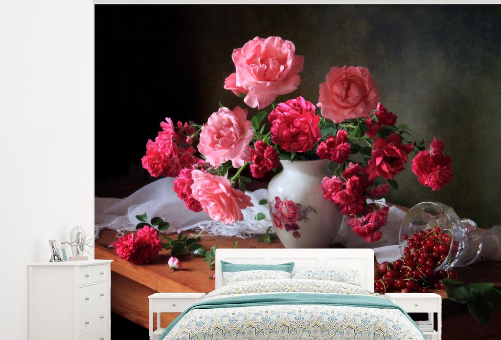 MuchoWow Fototapete für Wohnzimmer oder Schlafzimmer Wandtapete Vinyl Motivtapete Rosen - Stilleben - Rosa - 325x260 cm - Tapete