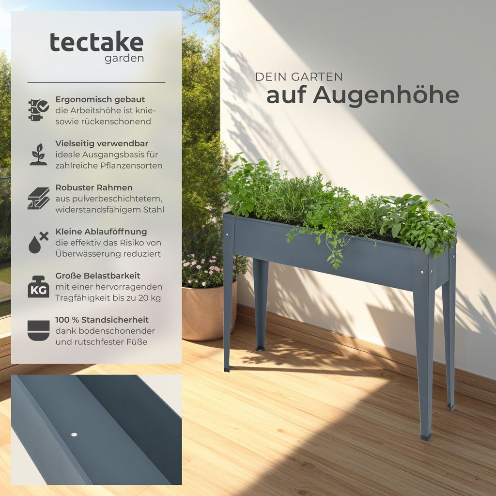 A raised garden bed filled with herbs on a wooden deck, with marketing text on the left.