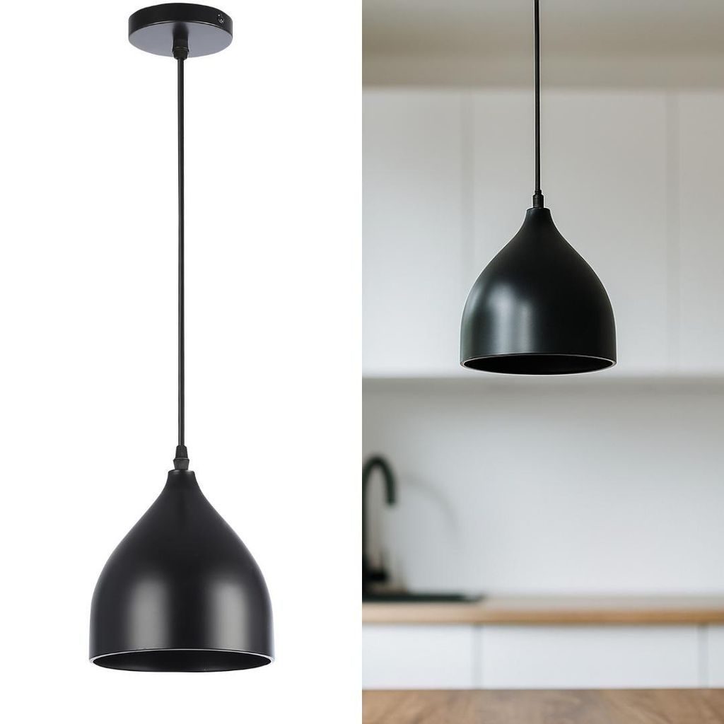 A black pendant light is shown against a white background on the left, and in a kitchen setting on the right.