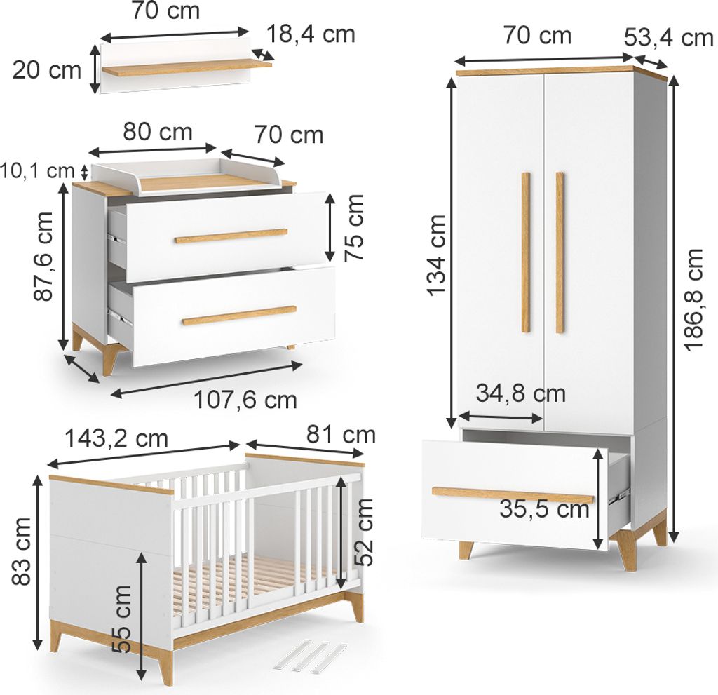 Chambre Enfant Malia 5 Pièces - Commode à Langer, Lit, Armoire, étagères, Couleur Chêne Cachemire - 2