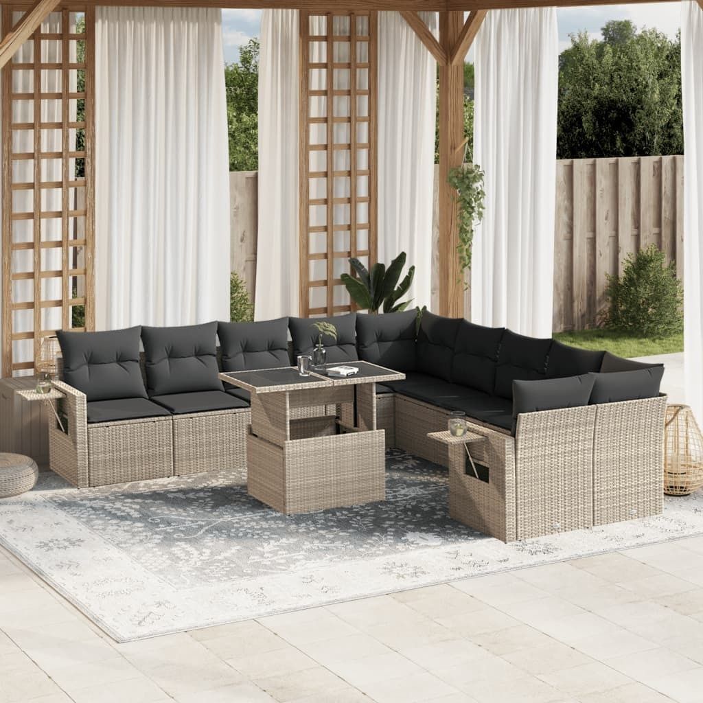 "Rabatt" 11-tlg. Garten-Sofagarnitur - mit sofa - mit Kissen Hellgrau Poly Rattan - Lounge-Dining set CC10470
