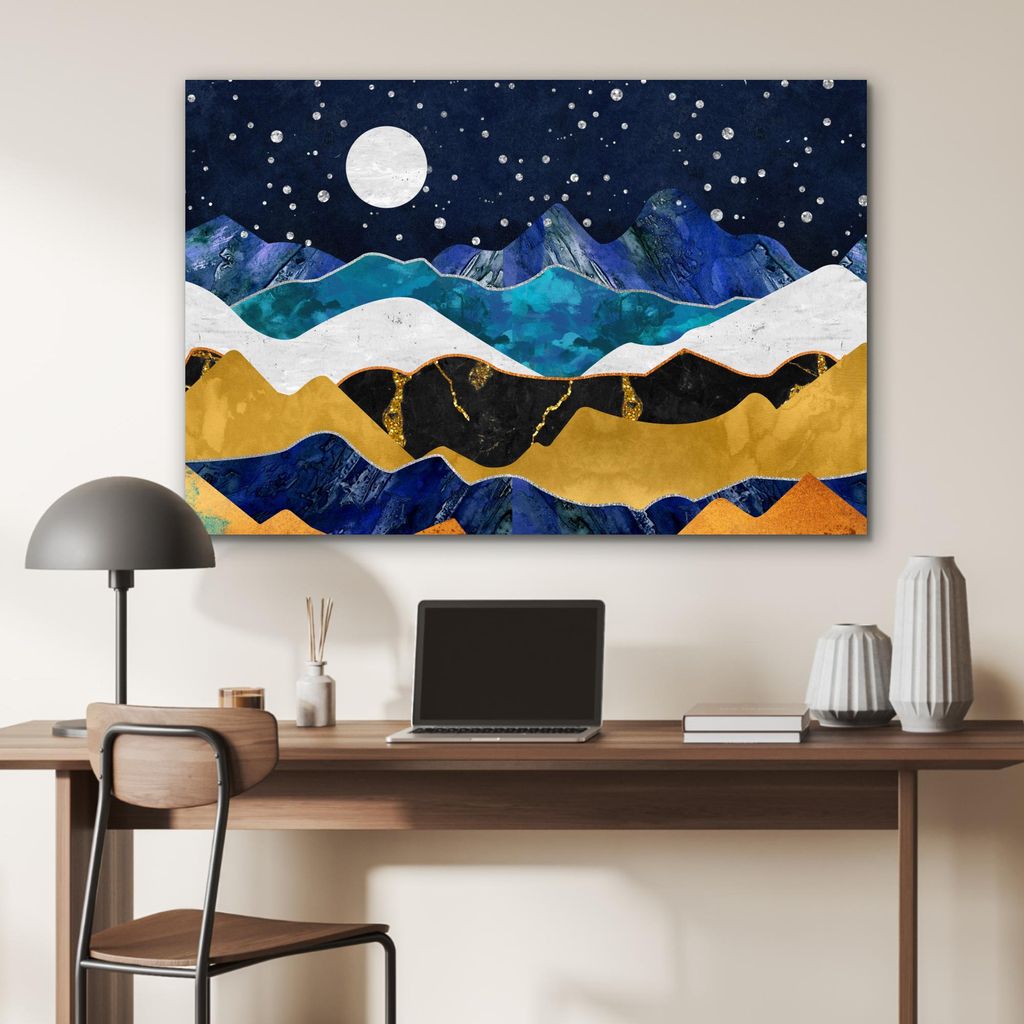 MuchoWow Wanddekoration Metall Metallbild Wandkunst 120x80 cm Nacht - Gold - Marmor - Abstrakt - Landschaft - Berg MuchoWow Aluminium Gemälde - Al...