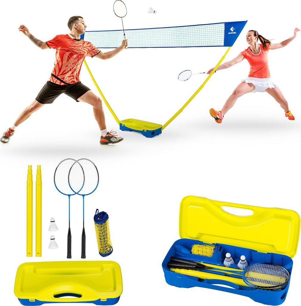 Outtec Badminton Set - 2x Schläger, 2x Federball, 1x Netz mit Pfosten, 1x Koffer - Spiel für Kinder & Erwachsene - für Outdoor, Garten, Strand