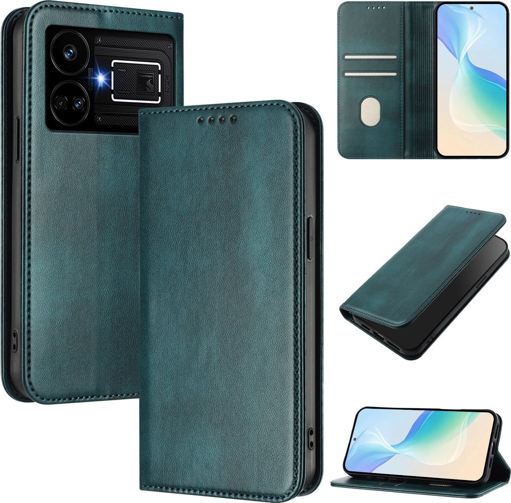 Handyhülle für Realme GT5 204W/Realme GT5, Vintage Leder RFID Schutz Kartenfach Standfunktion Magnetische Klapphülle Grün