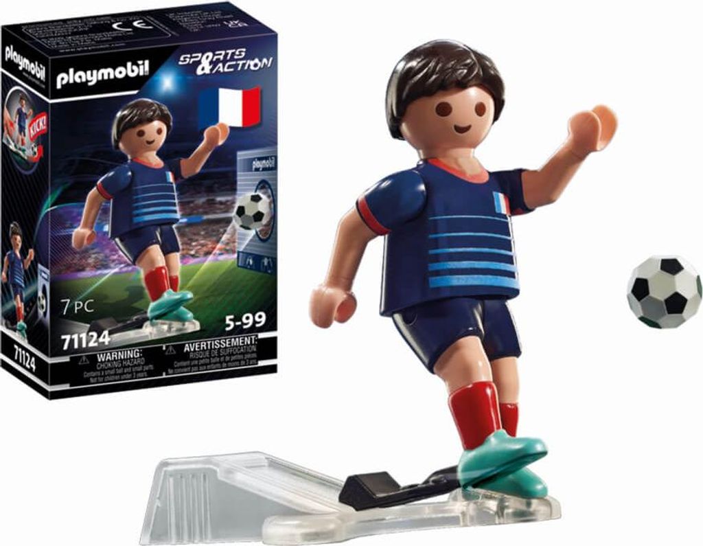 A Playmobil soccer player figure in a French uniform, with a soccer ball and a launching mechanism, next to its product packaging.