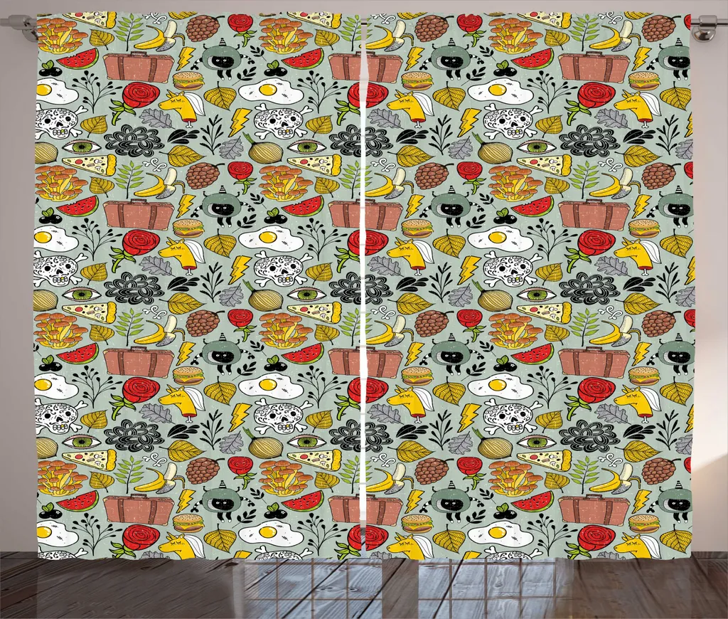 ABAKUHAUS Rideau Rustique Grunge Crâne et Œufs, Galon Fronceur 280x225 cm