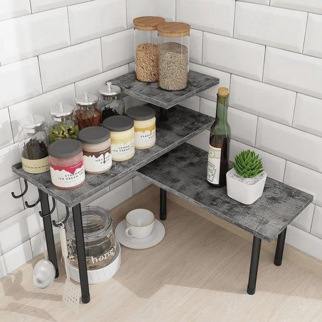 Meuble gain de place d'angle 3 étages bois rustique pour petit espace