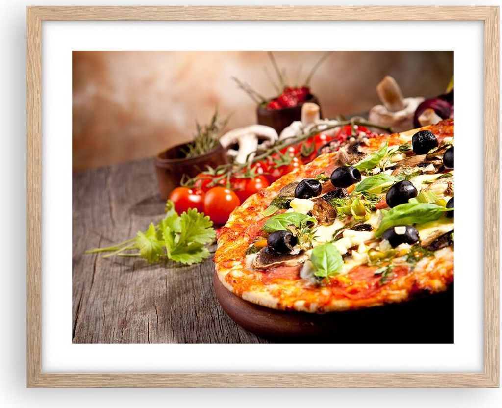 Gerahmtes Poster - Rahmen in heller Eiche - Pizza Essen Italien Tradition - 50x40 cm - Wand Bild - Wanddeko - Wandbilder - Wandposter - Bilderrahme...