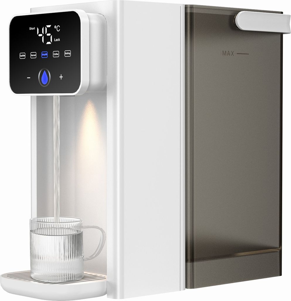 A white countertop water dispenser with a transparent water tank is shown from the side. Water is pouring into a glass mug.