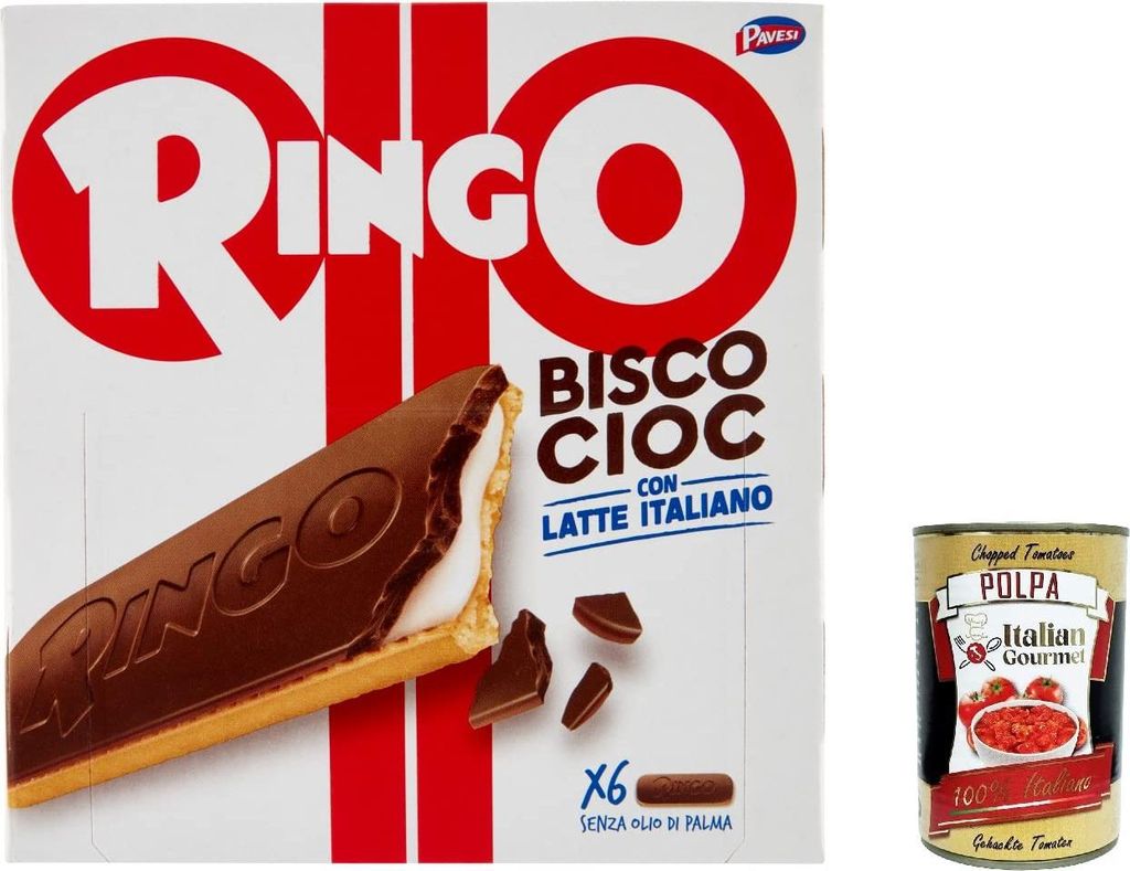 6x Pavesi Ringo Bisco Cioc Latte, Keks gefüllt mit Sahne mit 100% italienischen Milch und Schokoladenüberzug 162 g + italian gourmet polpa 400g