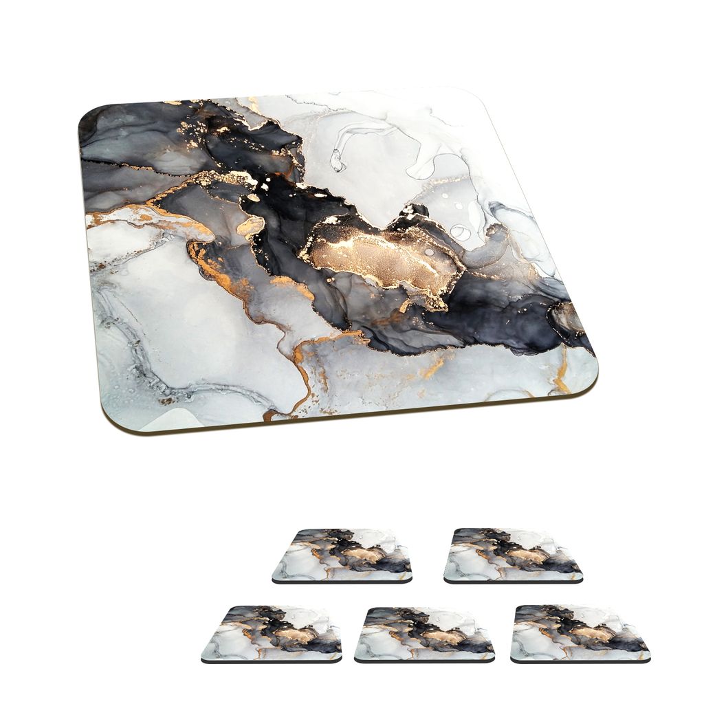 KitchenYeah Glasuntersetzer Quadratisch 6er Set Marmor - Schwarz - Weiß - Gold - Luxus - Abstrakt 10x10 cm Untersetzer für Gläser - Getränke...