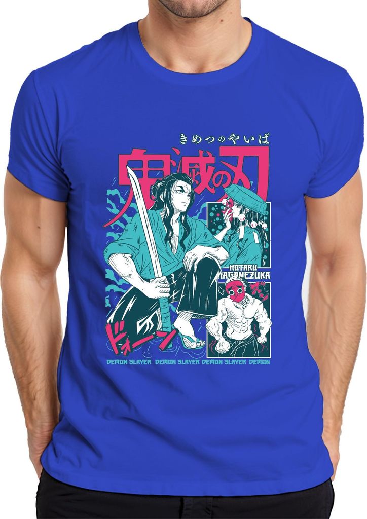 Demon Slayer Kimetsu no Yaiba Schwert Samurai Anime Japan Y2K Streetwear Maske Herren T-Shirt, Blau, S