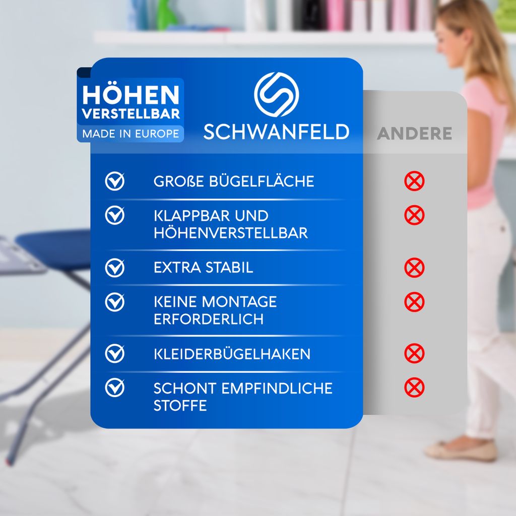 SCHWANFELD® Premium XXL Bügelbrett 122x44cm Bügelfläche Produktbild 7
