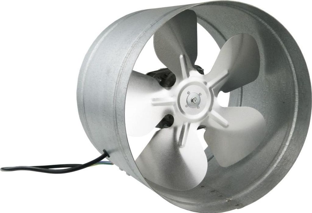 A metal inline duct fan with four blades is shown against a white background.