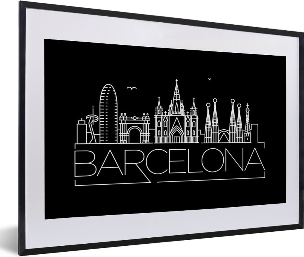 MuchoWow MuchoWow Gerahmtes Poster Skyline von Barcelona" auf schwarzem Hintergrund 60x40 cm - Poster mit zchwarzem Bilderrahmen - Schlafzimmer...