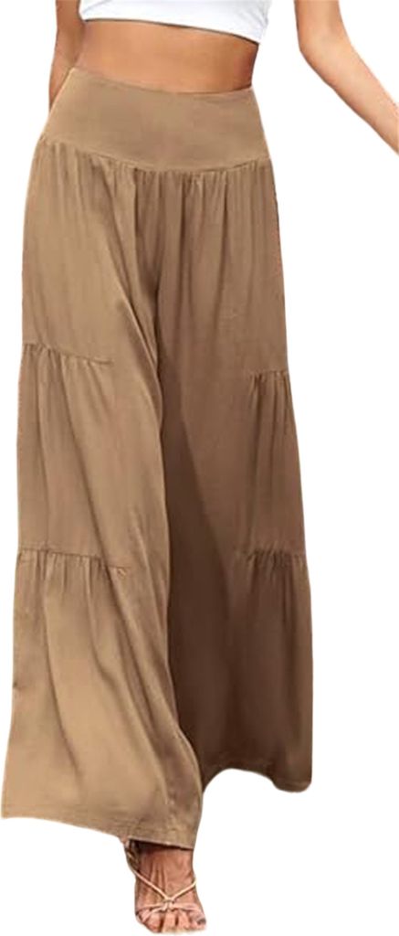ASKSA Damen Leinenhose Sommer Elegant Hohe Taille Weites Bein Freizeithose Leichte Hosen, Khaki, Groesse: L