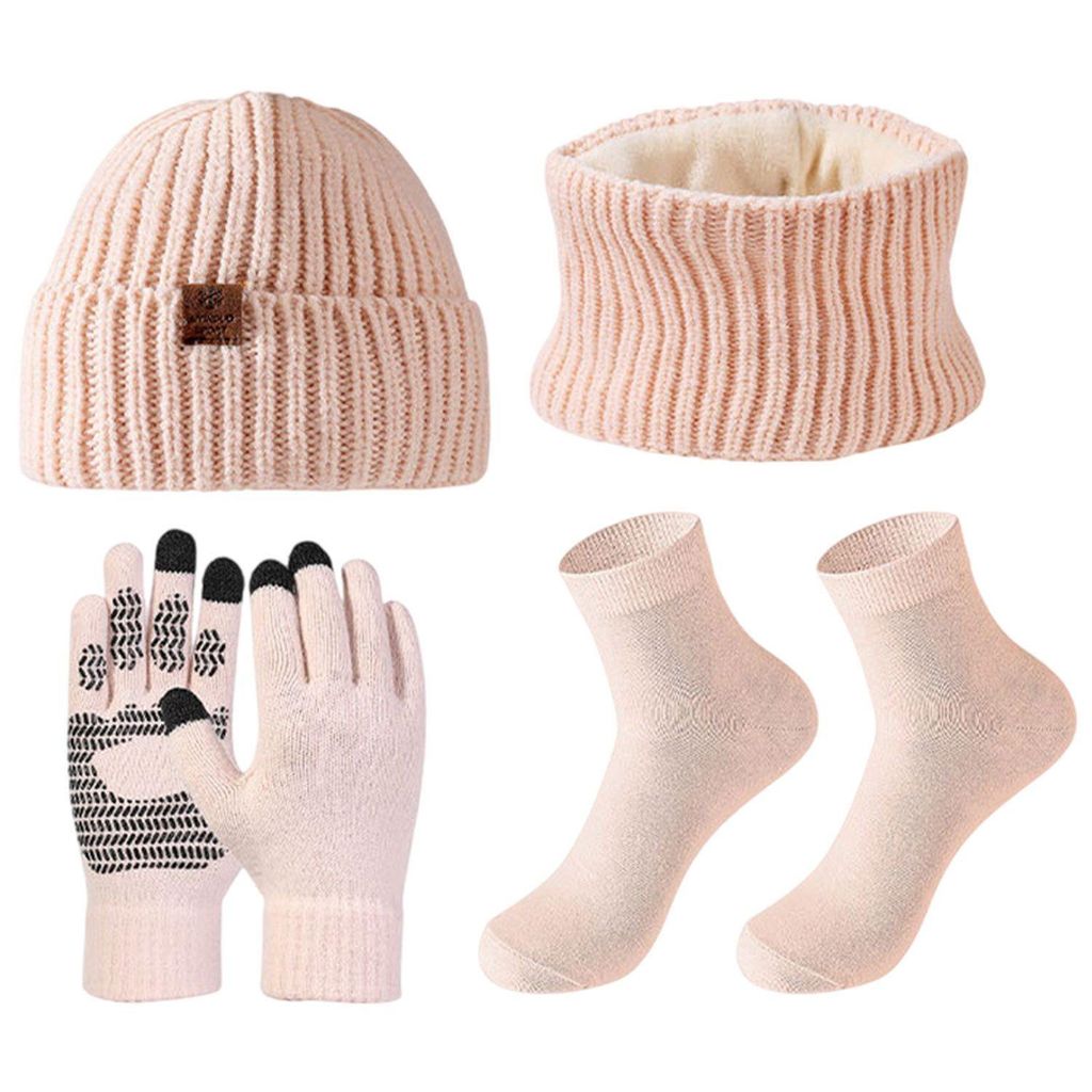 4 in 1 Winter Thermo Mütze Schal Handschuhe und Socken Set für Herren Damen, Rosa