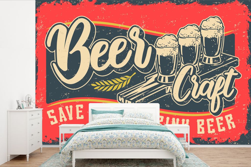 MuchoWow Fototapete für Wohnzimmer oder Schlafzimmer Wandtapete Vinyl Motivtapete Mancave - Bier - Gläser - Vintage - 390x260 cm - Papiertapete