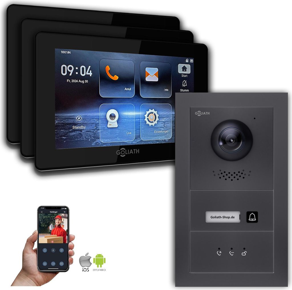 Goliath IP Video Türsprechanlage mit Kamera 7-Zoll Anthrazit : Aufputzdose : 7 Zoll in Schwarz : 3 Monitore Anzahl: 3 Monitore Farbe: 7 Zoll in Sc...