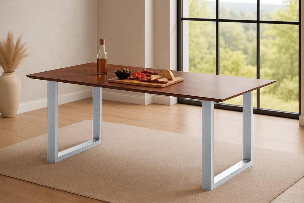 Refurbished Möbelretoure Esstisch 180x90 cm Akazie massiv kastaniefarben Schweizer Kante U-Gestell silber RITA