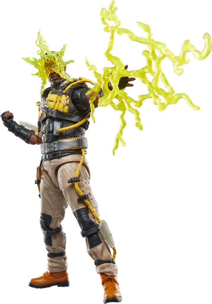 A Marvel Legends action figure of Marvel's Electro from Spider-Man: No Way Home, posed with yellow energy effects emanating from its hands and head.