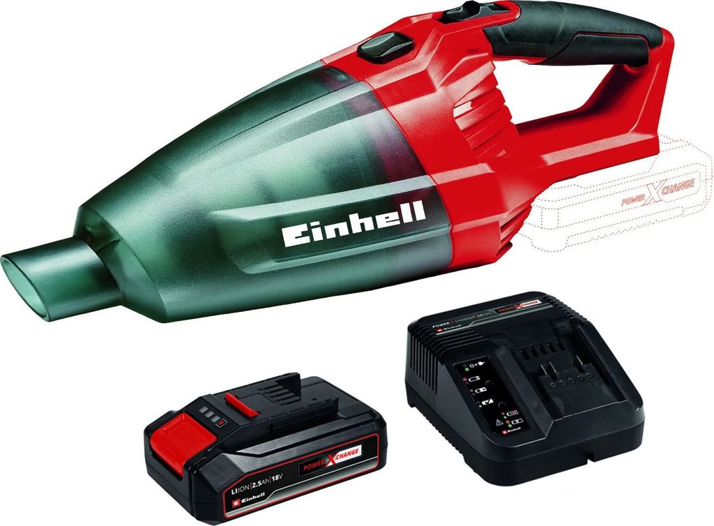 A red and green handheld vacuum cleaner with a black battery and charger are displayed against a white background.