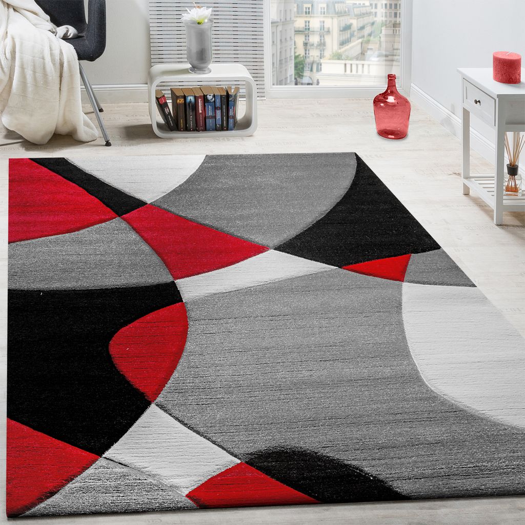 Designer Teppich Modern Geometrische Muster Konturenschnitt In Rot Schwarz Grau Grösse 200x290 cm