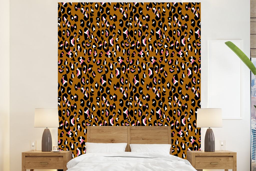 MuchoWow Fototapete für Wohnzimmer oder Schlafzimmer Wandtapete Vinyl Motivtapete Panther - Design - Rosa - Braun - Muster - 210x260 cm - Wand T...