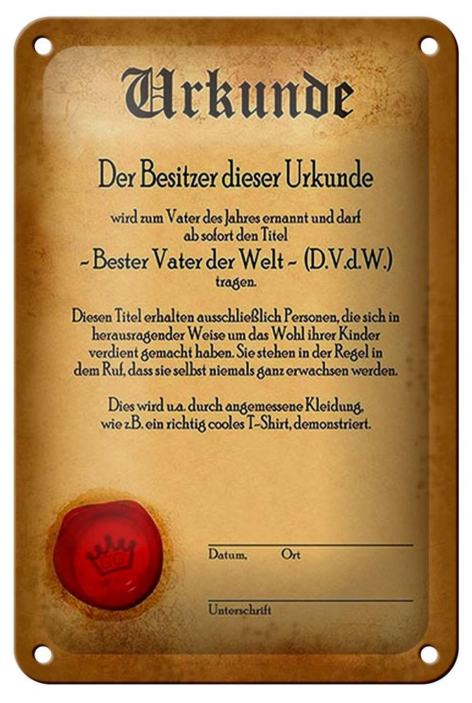 Blechschild Vater 12x18cm Urkunde bester Vater der Welt