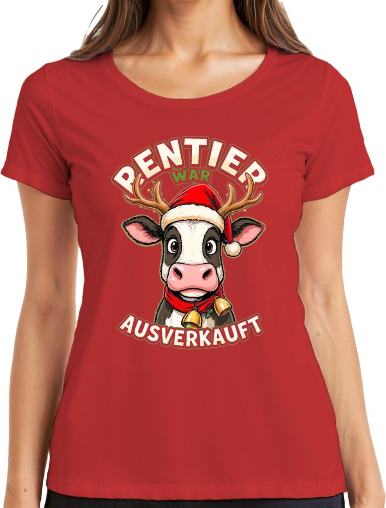 Rentier war t lustige Kuh Weihnachten Santa Geschenk Damen T-Shirt, Rot, L