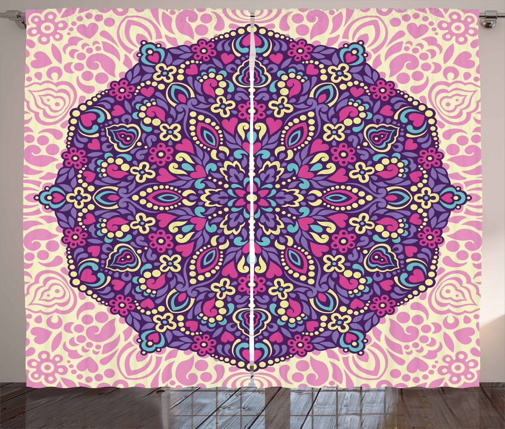 ABAKUHAUS lila Mandala Rustikaler Gardine, Blumenkosmos, Schlafzimmer Kräuselband Vorhang mit Schlaufen und Haken, 280 x 225 cm, Hellrosa Magenta ...