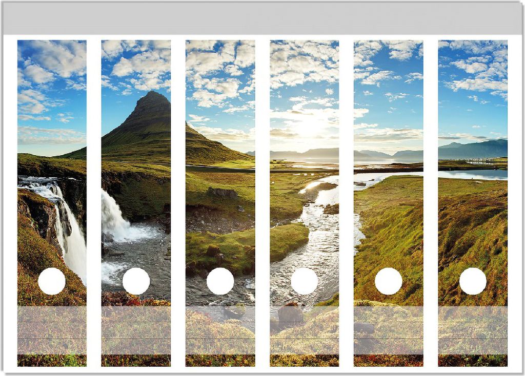 Wallario Ordnerrücken Sticker, selbstklebend für breite Ordner, 6 Stück, Motiv Island Panorama Fluss Berge und blauer Himmel