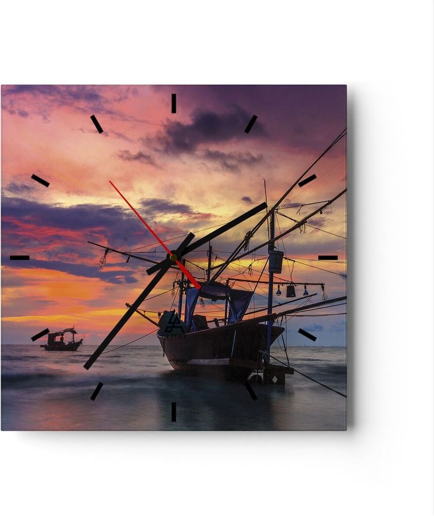 Wanduhr - Quadrat - Glasuhr - Asien Boot Kutter - 30x30cm - Schleichendes Uhrwerk - Lautlos - zum Aufhängen bereit - Dekoration Modern - Wanddekor...