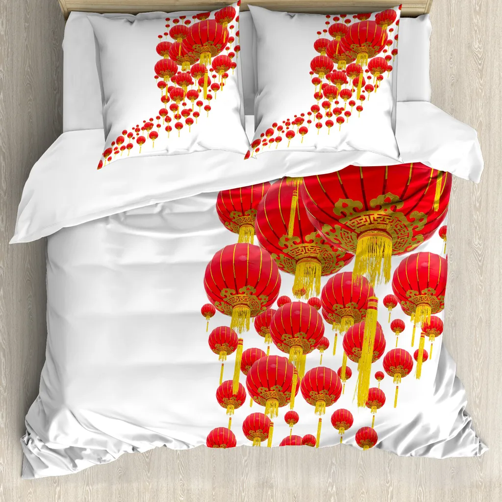 ABAKUHAUS Copripiumino Lanterna, Lanterne cinesi nel cielo, Antiacaro, Adatto a chi soffre di allergie, con federe, 155 cm x 220 cm - 80 x 80 cm, Vermilion Senf